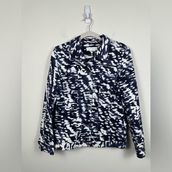 Escada White Blue Print Denim Jacket Silver Crackle Button Size 38 EUC - Picture 1 of 8